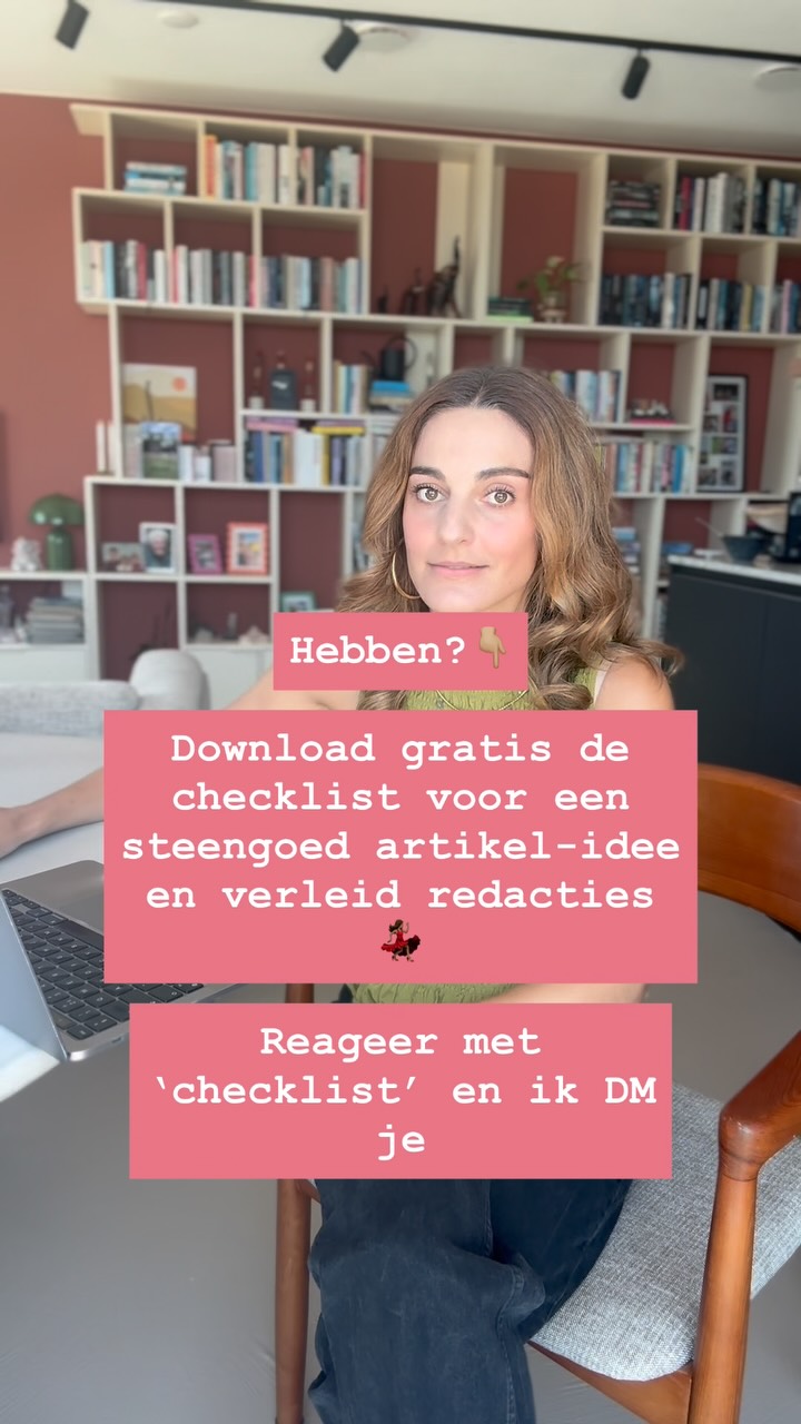 “Ik ga ook voor Flair schrijven! Gister mijn pitch gestuurd, vandaag al een akkoord gekregen!”

Dat stuurde ze nadat ze mijn methode gebruikte om artikelideeën te pitchen

Veel freelance journalisten die (meer) voor magazines willen schrijven, denken dat ze een groot netwerk nodig hebben of jarenlange ervaring 

Maar dat klopt niet

Wat redacties écht willen?
Een onweerstaanbaar idee voor een artikel

Daarom deel ik tijdelijk mijn checklist waarmee je in een paar minuten ontdekt of jouw idee kans maakt bij een magazine.

Deze checklist deel ik normaal alleen met deelnemers van mijn groepstraject
Maar nu kun je hem tijdelijk gratis downloaden 

👉 Hebben? Reageer met Checklist en ik Dm je de link 💃🏽